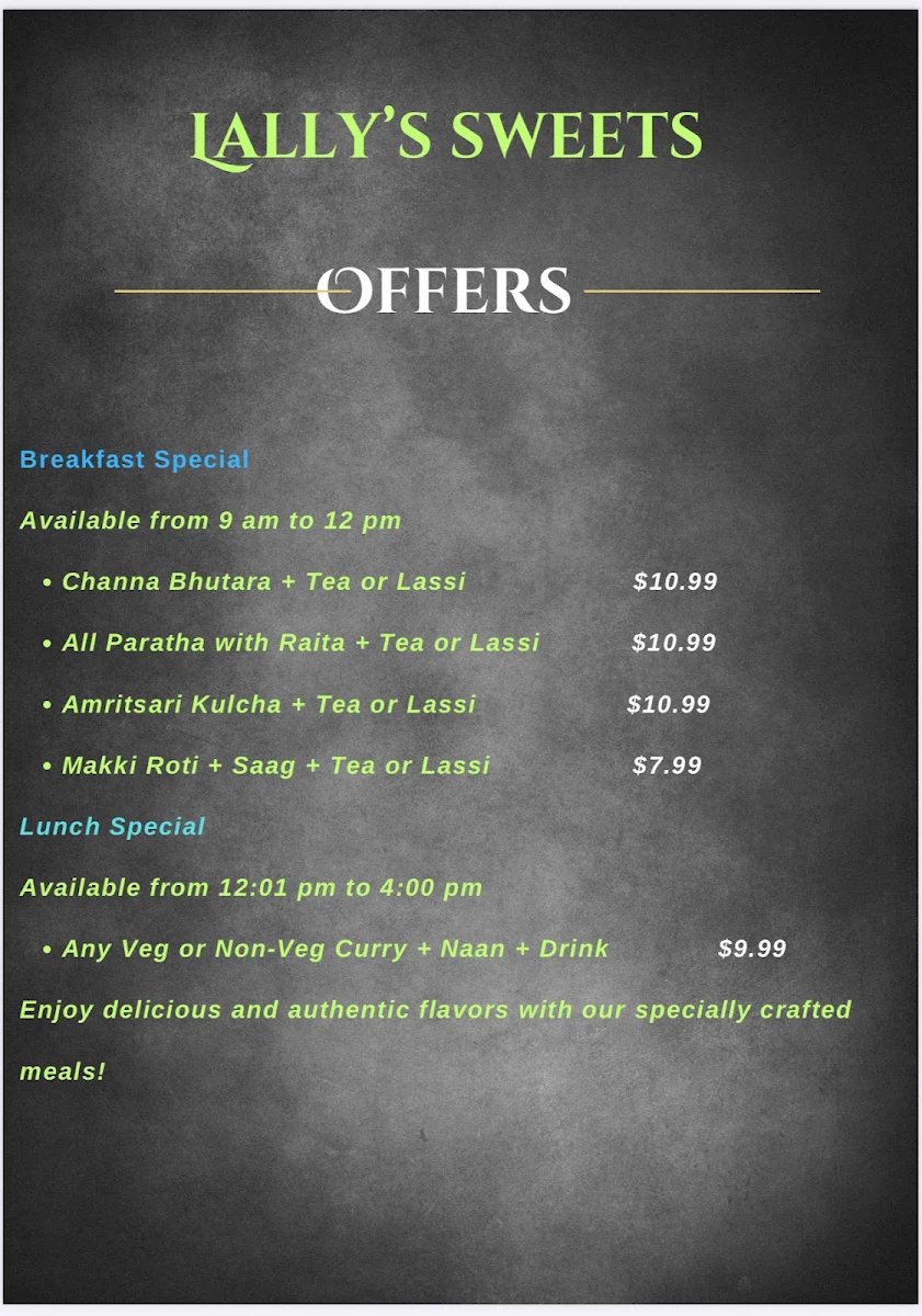 Menu, Lally's Sweets & Tandoori Restaurant