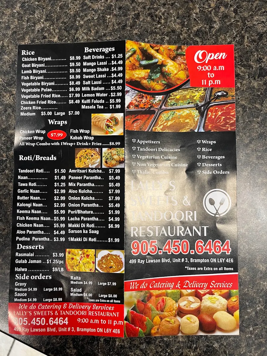 Menu, Lally's Sweets & Tandoori Restaurant