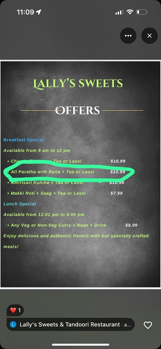 Menu, Lally's Sweets & Tandoori Restaurant