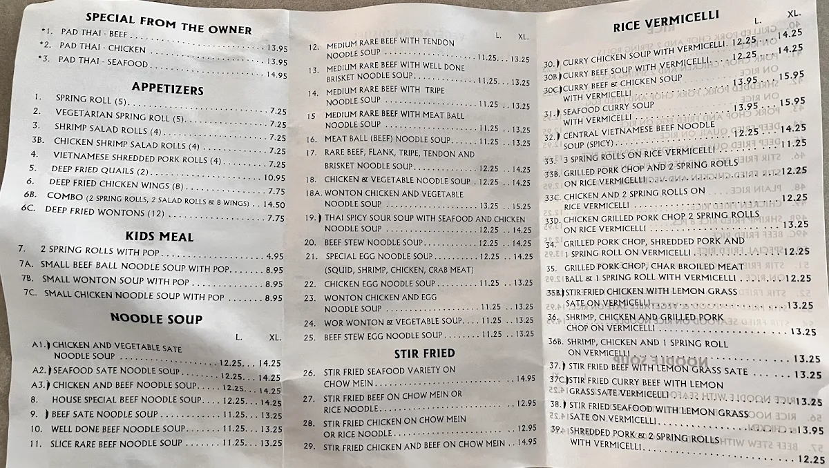 Menu, Pho Anh Huyén II Noodle House