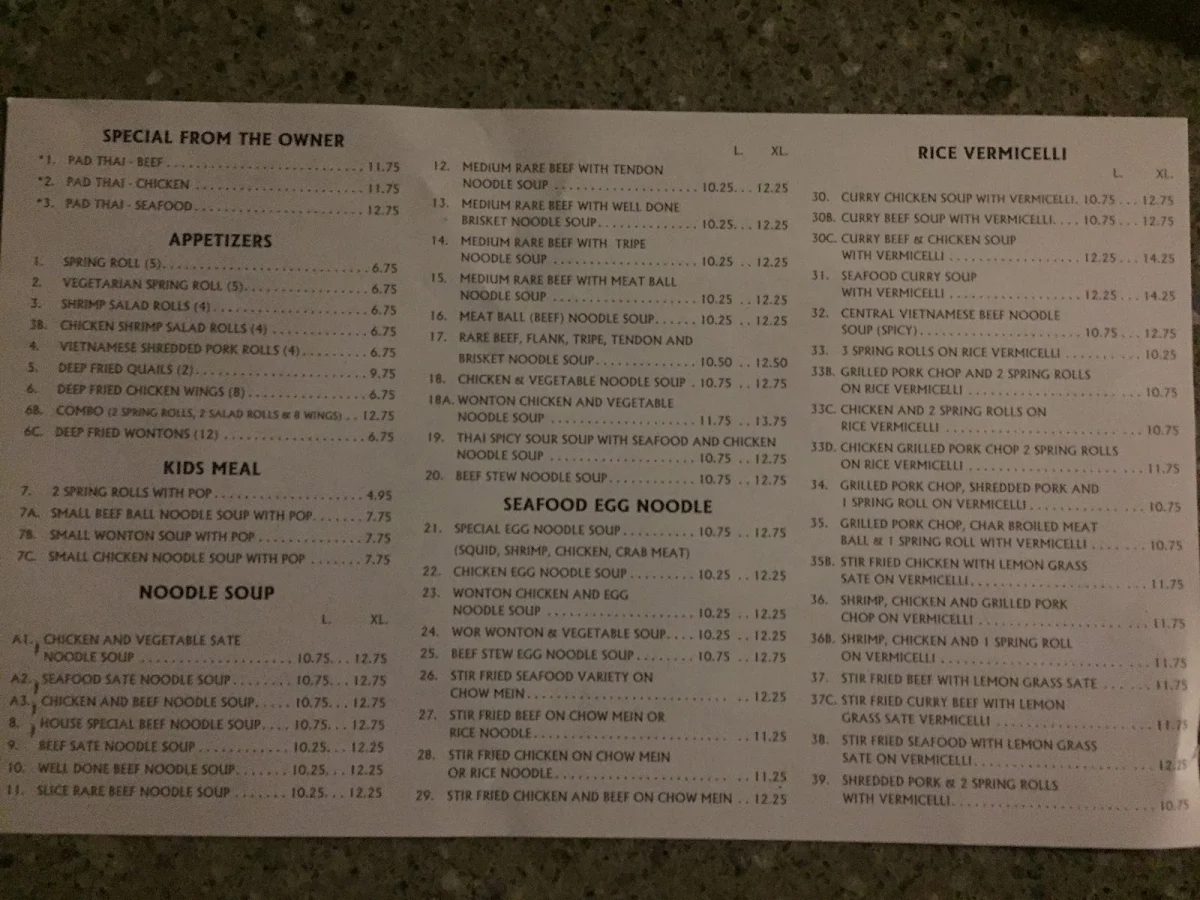 Menu, Pho Anh Huyén II Noodle House