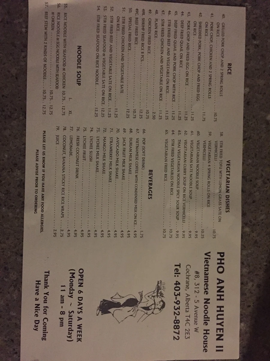Menu, Pho Anh Huyén II Noodle House
