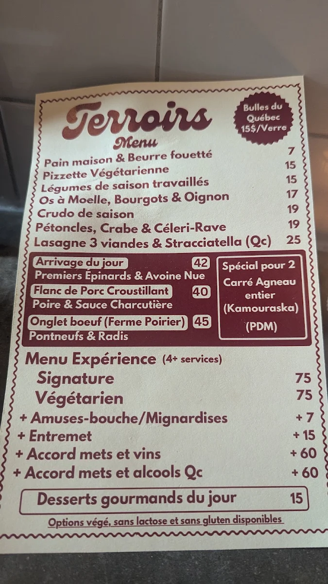 Menu, Terroirs Restaurant