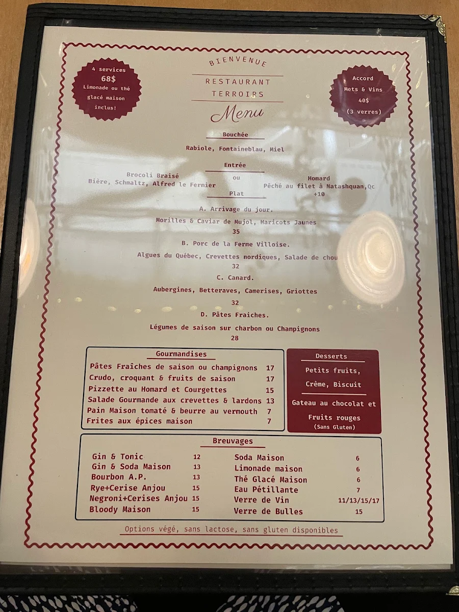 Menu, Terroirs Restaurant