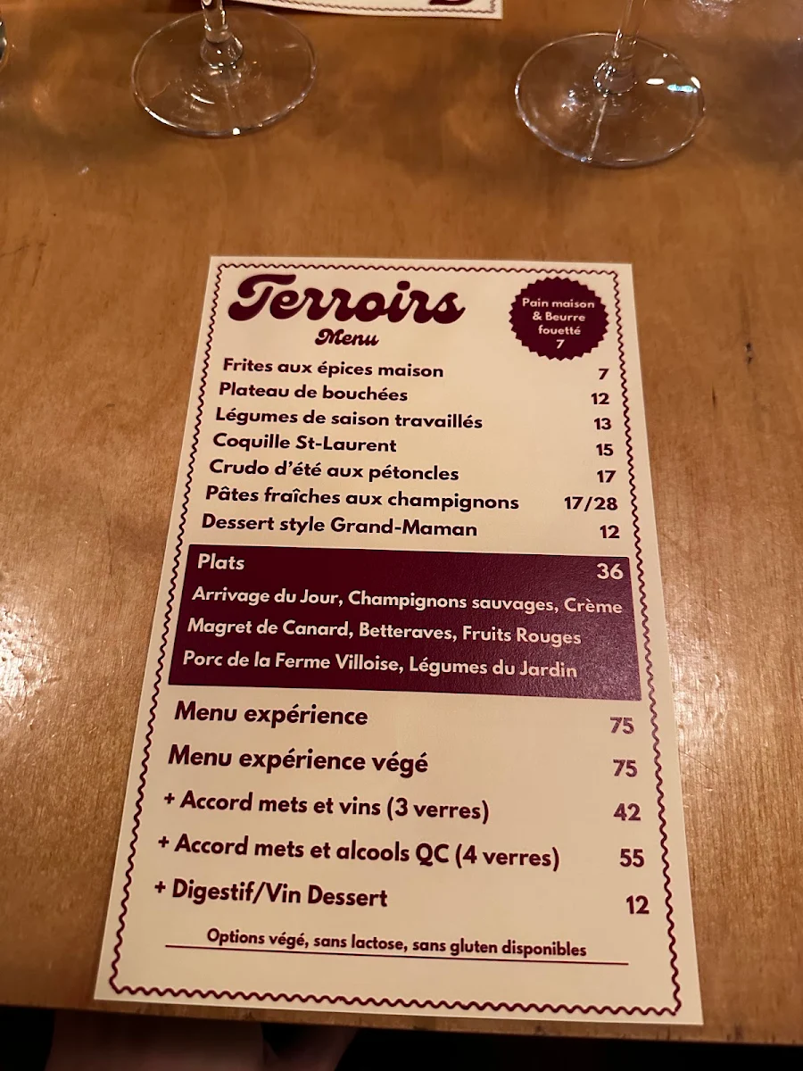 Menu, Terroirs Restaurant
