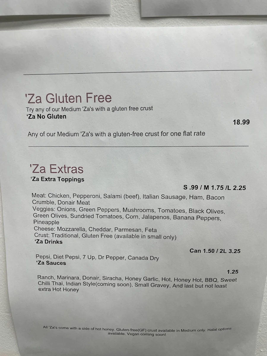 Menu, Za Pizzeria YYC
