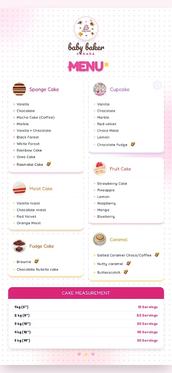 Menu, Baby Baker Canada