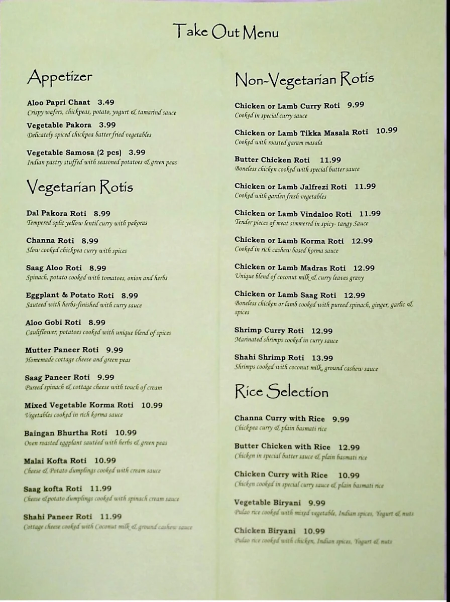 Menu, Indian Roti Kitchen