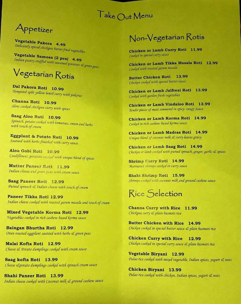 Menu, Indian Roti Kitchen
