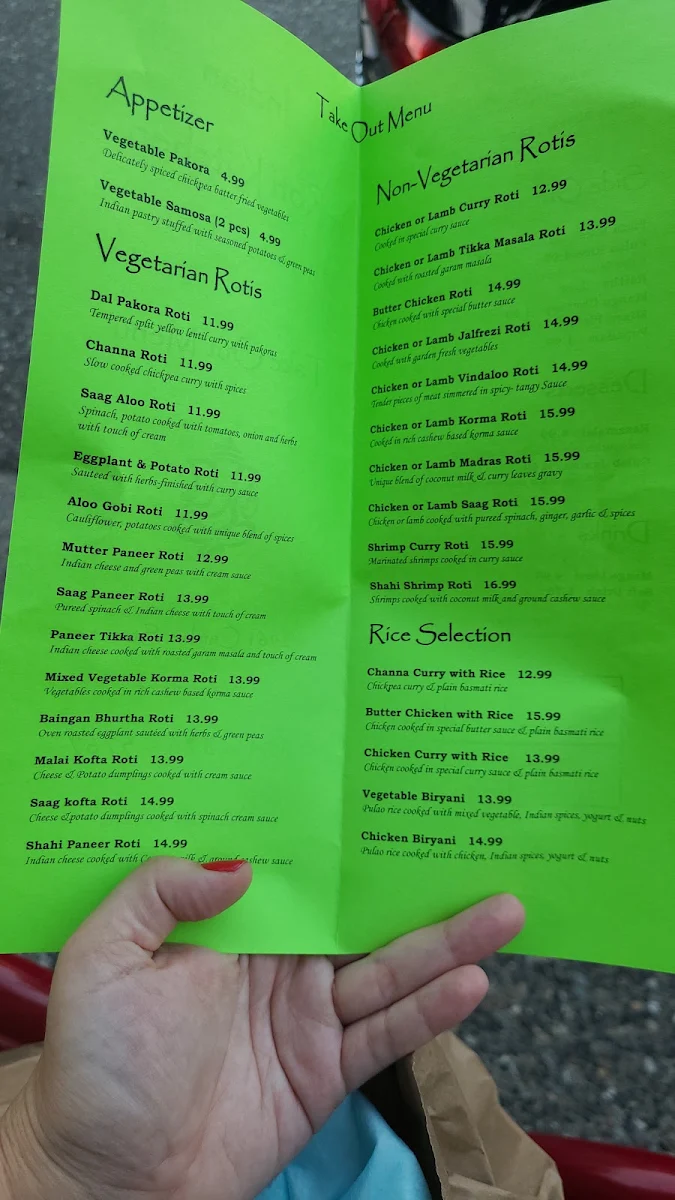 Menu, Indian Roti Kitchen