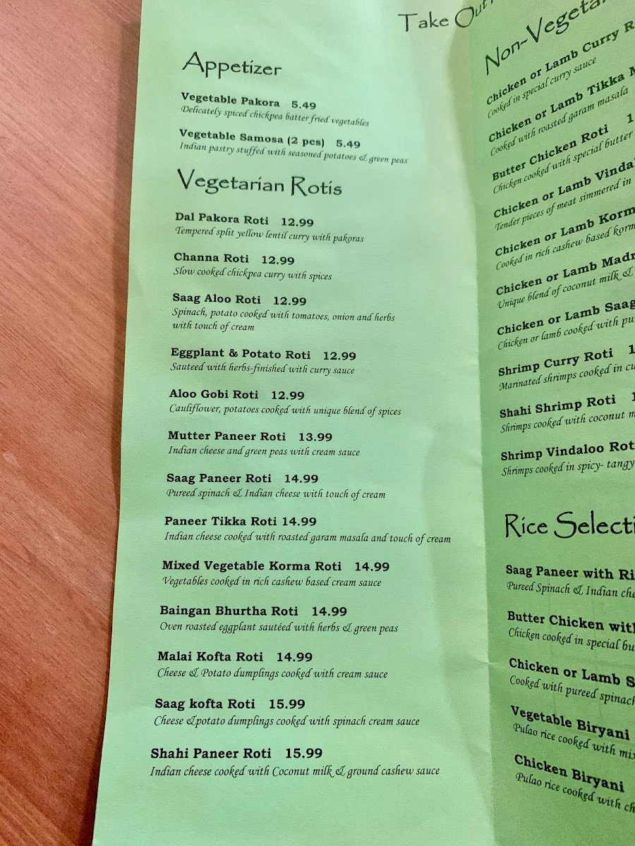 Menu, Indian Roti Kitchen