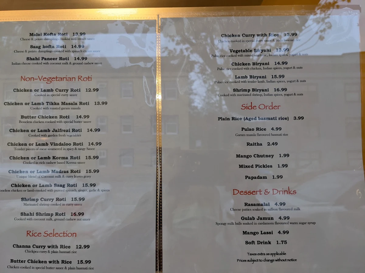 Menu, Indian Roti Kitchen