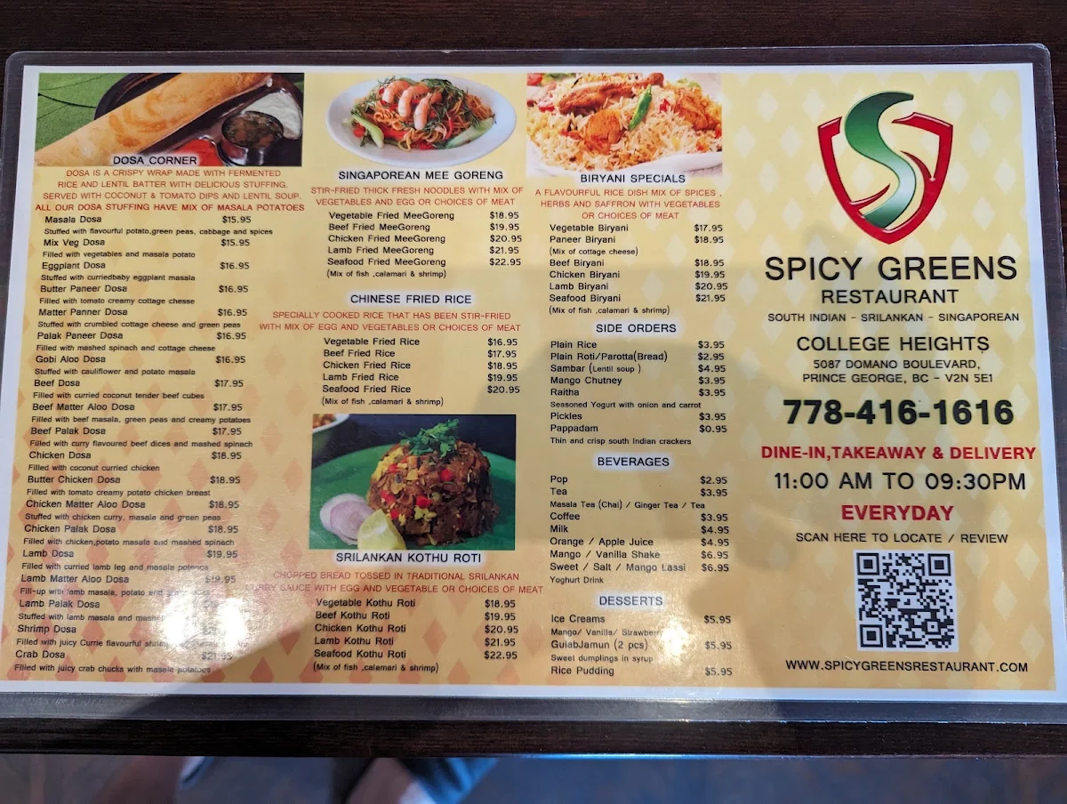 Menu, Spicy Greens Restaurant