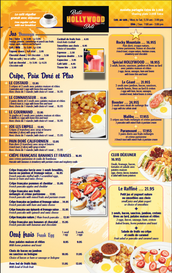 Menu, Resto Hollywood Déli
