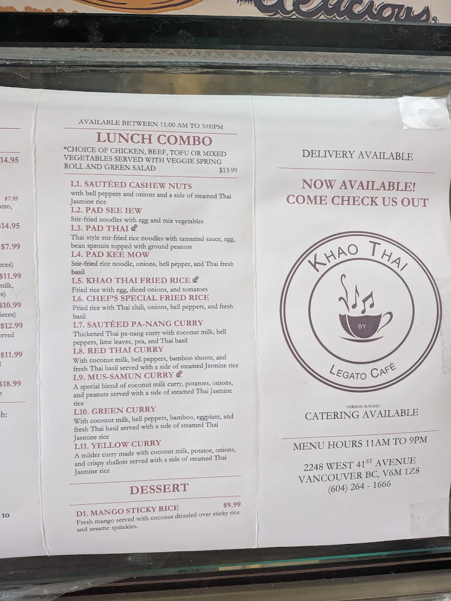 Menu, Legato Cafe