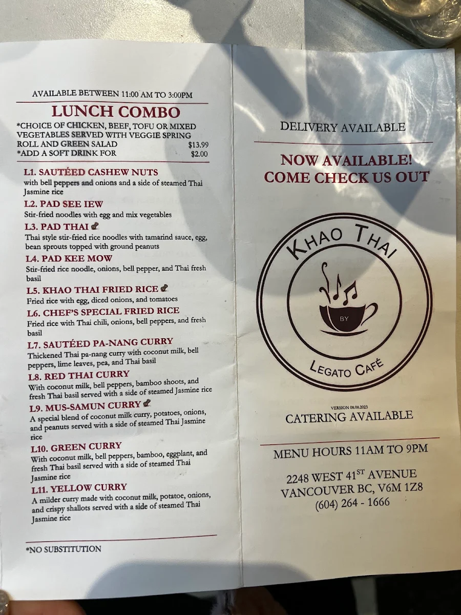 Menu, Legato Cafe