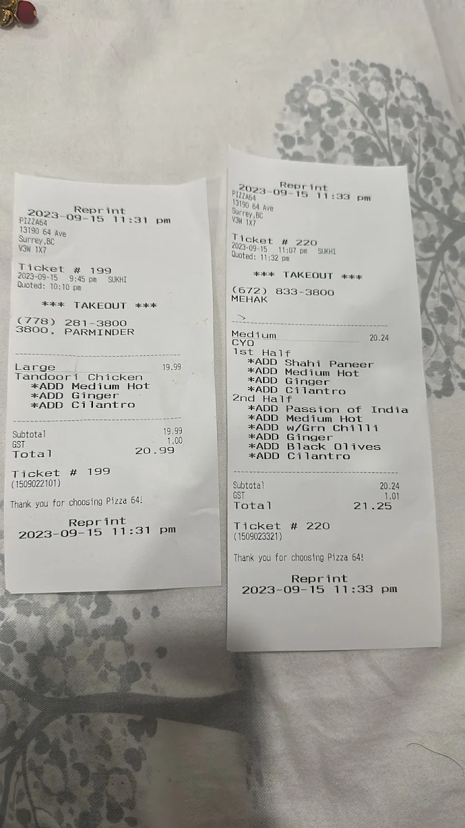 Menu, Pizza 64