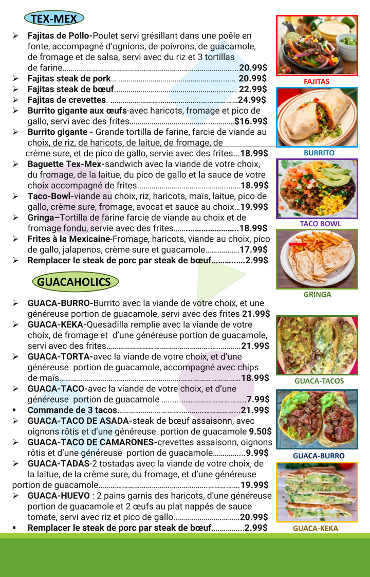 Menu, Don Cruz Cuisine Mexicaine