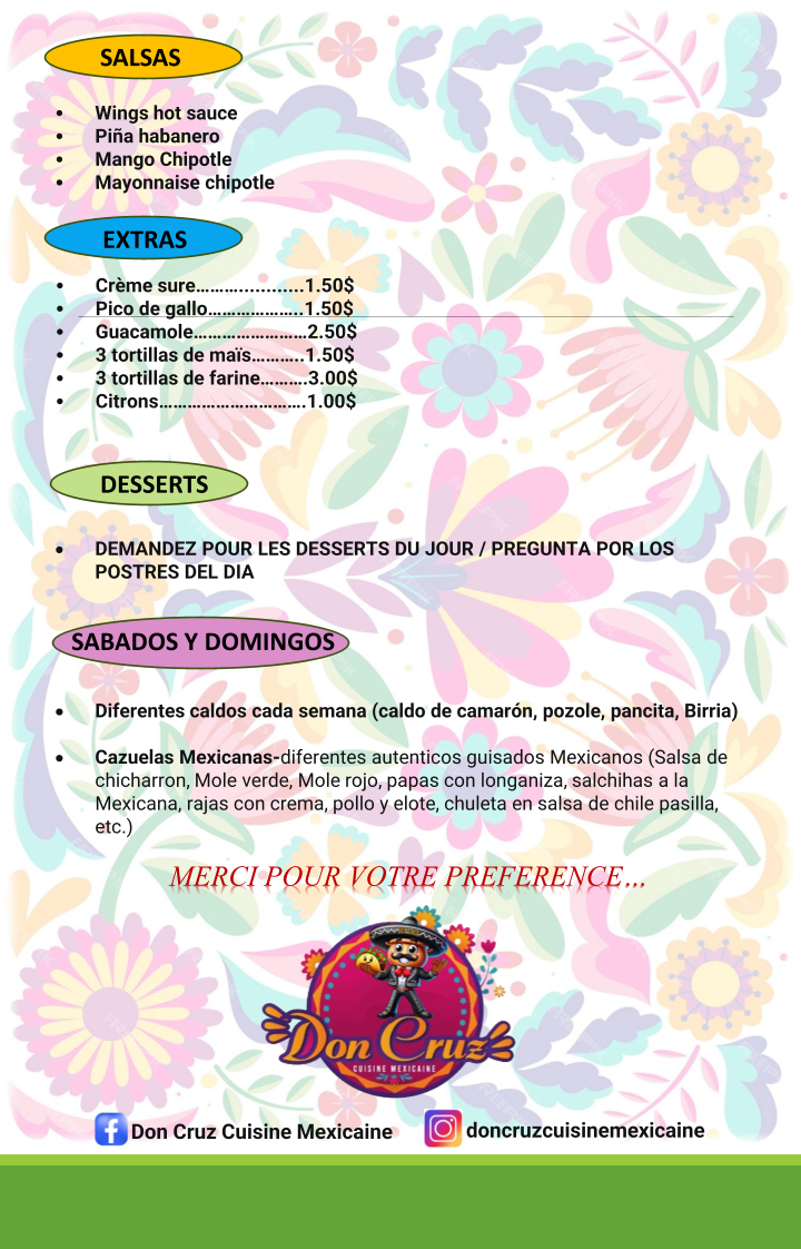 Menu, Don Cruz Cuisine Mexicaine