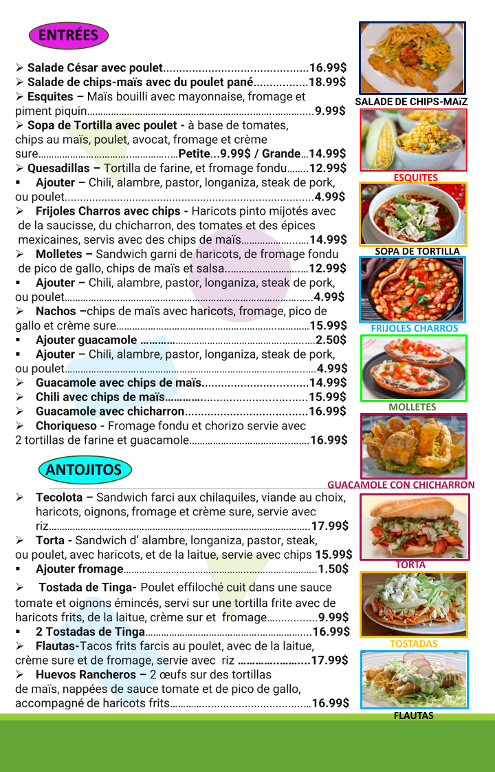 Menu, Don Cruz Cuisine Mexicaine