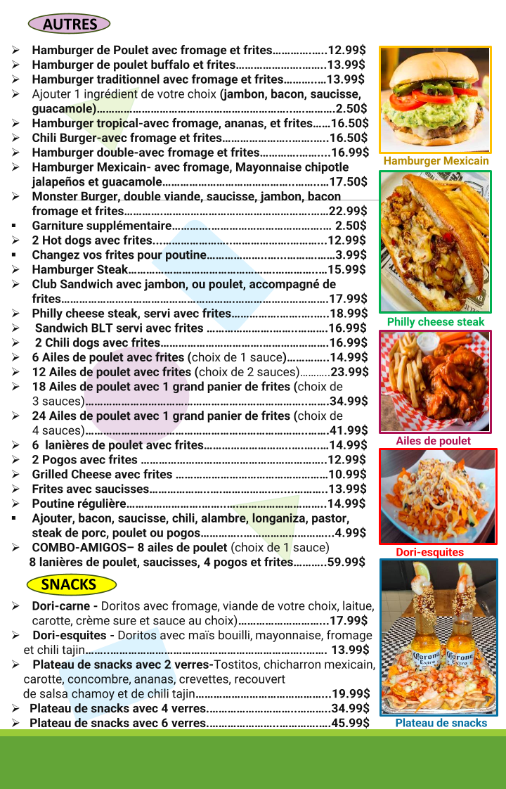 Menu, Don Cruz Cuisine Mexicaine