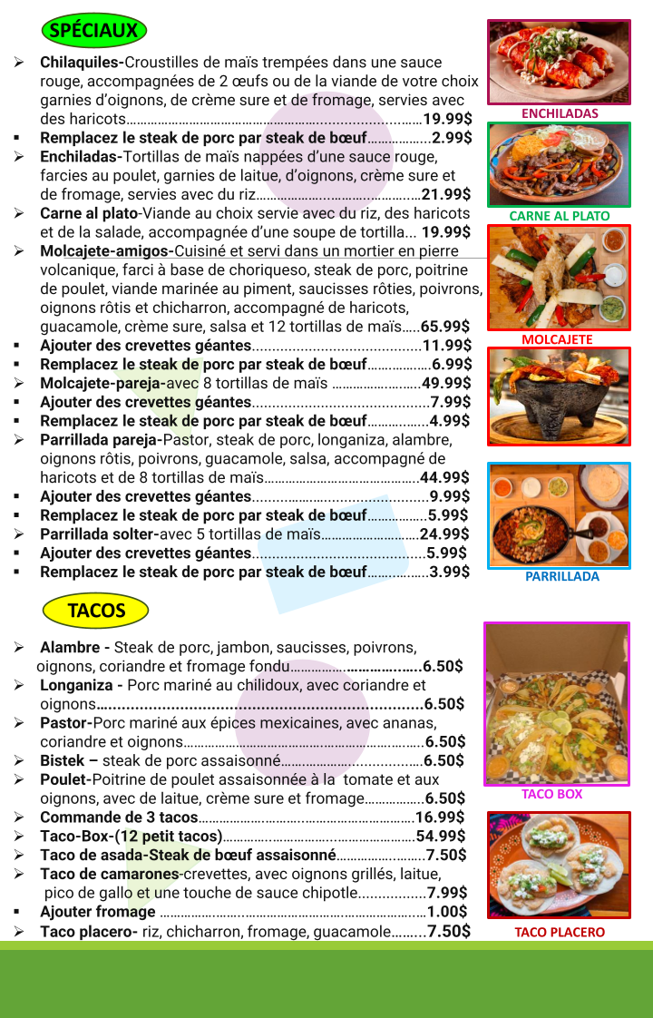 Menu, Don Cruz Cuisine Mexicaine