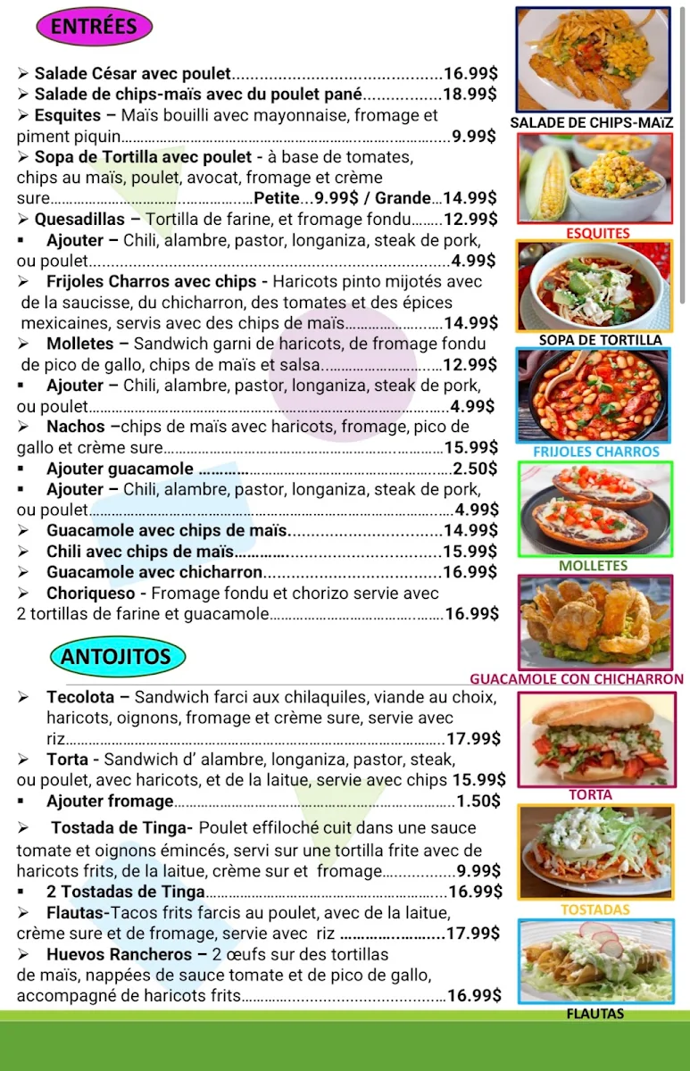 Menu, Don Cruz Cuisine Mexicaine