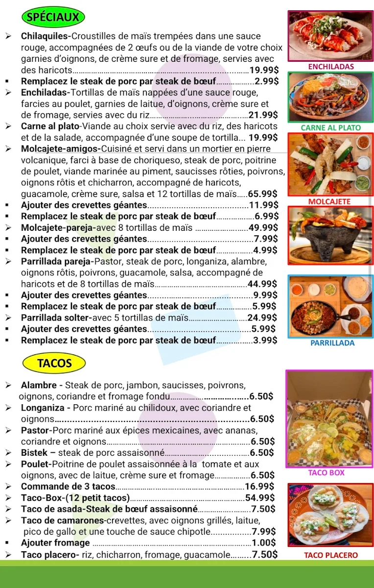 Menu, Don Cruz Cuisine Mexicaine