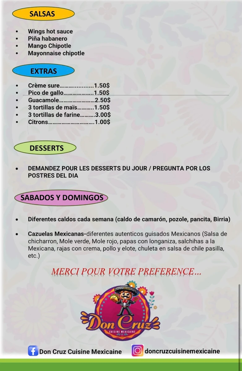 Menu, Don Cruz Cuisine Mexicaine