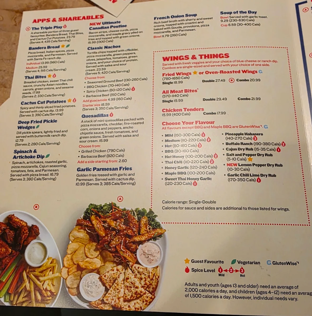 Menu, Boston Pizza
