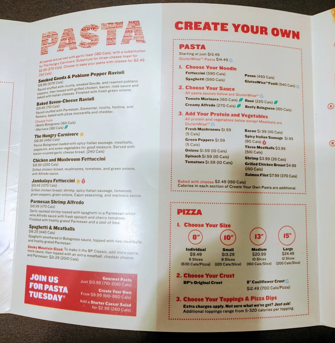 Menu, Boston Pizza