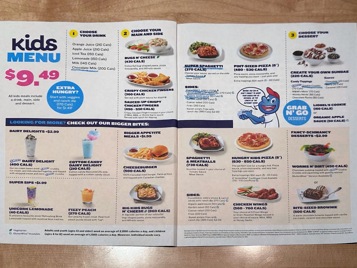 Menu, Boston Pizza