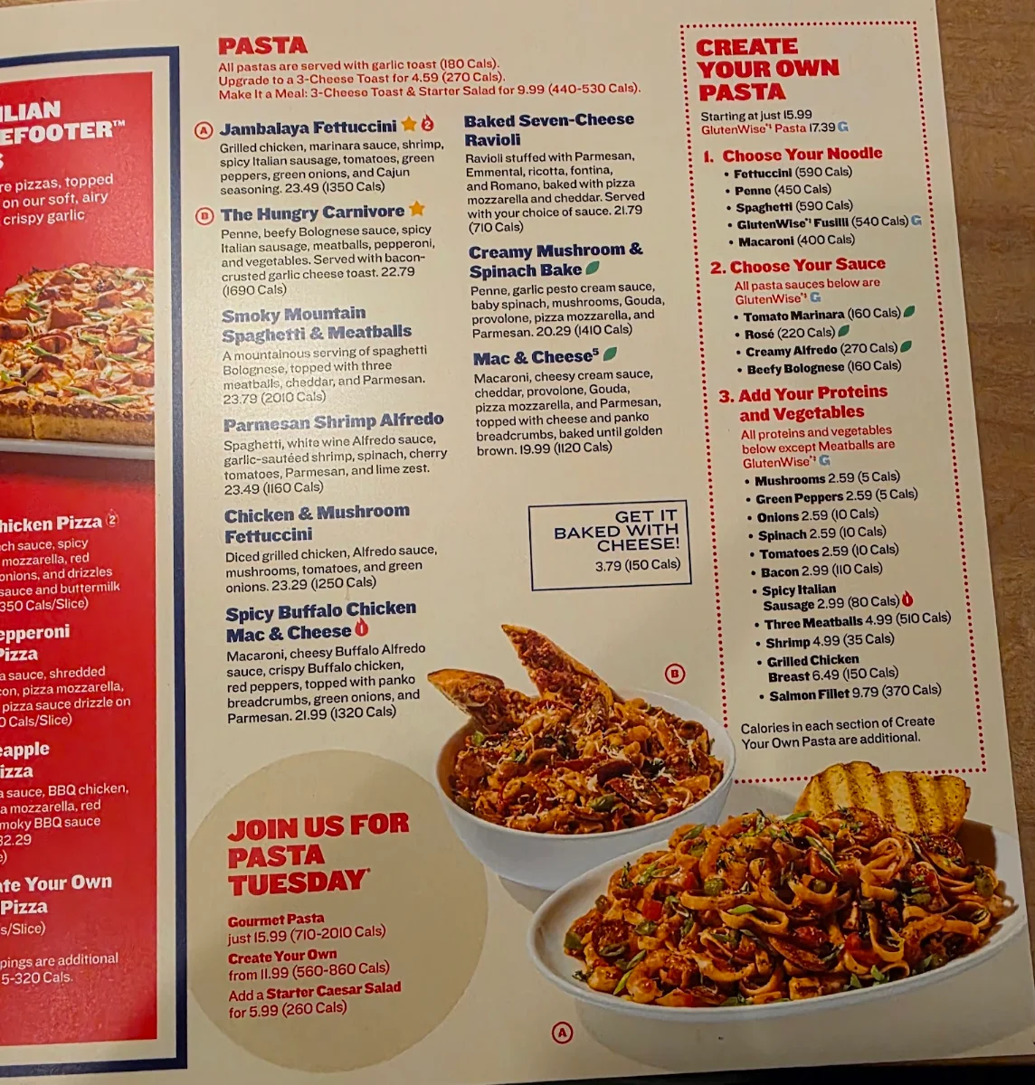 Menu, Boston Pizza