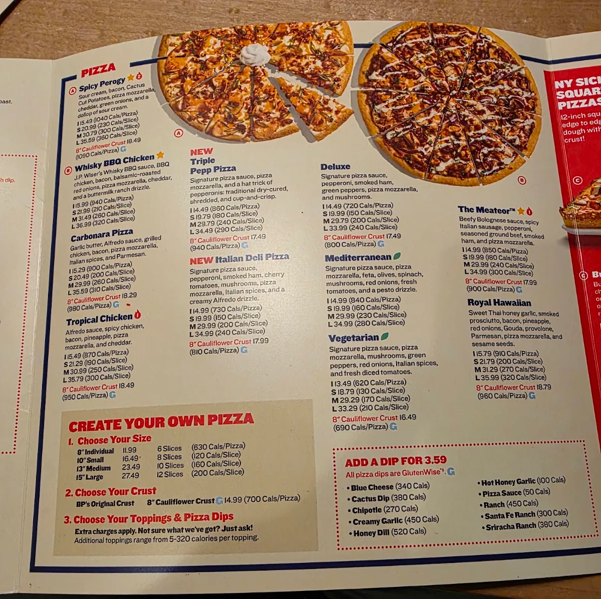 Menu, Boston Pizza