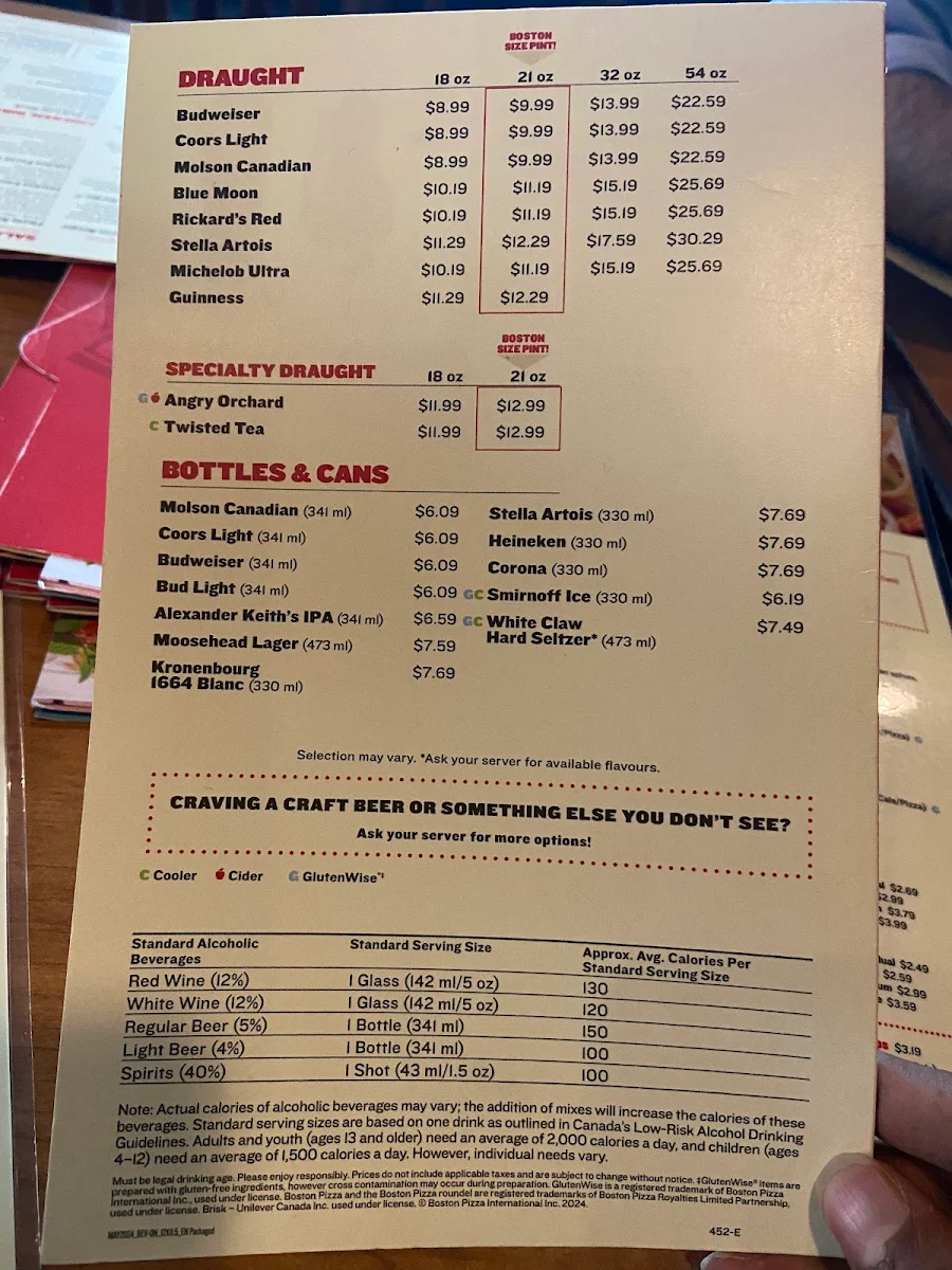 Menu, Boston Pizza