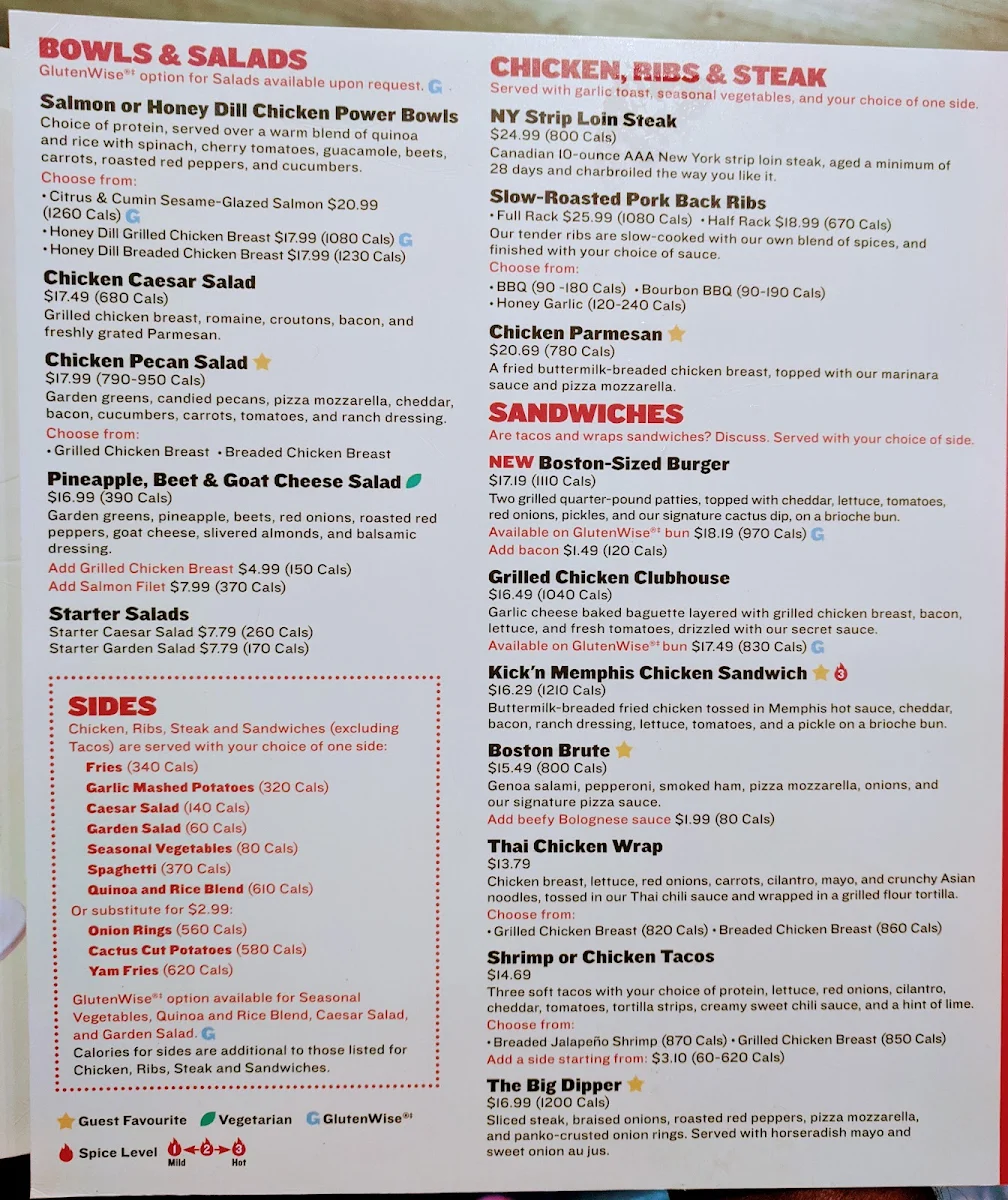Menu, Boston Pizza