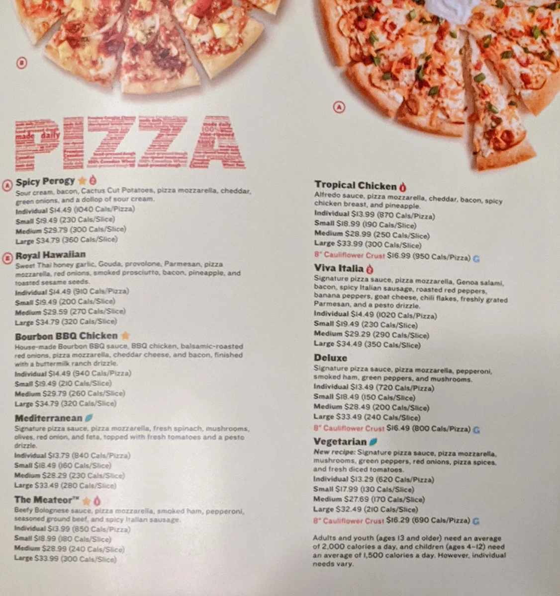 Menu, Boston Pizza