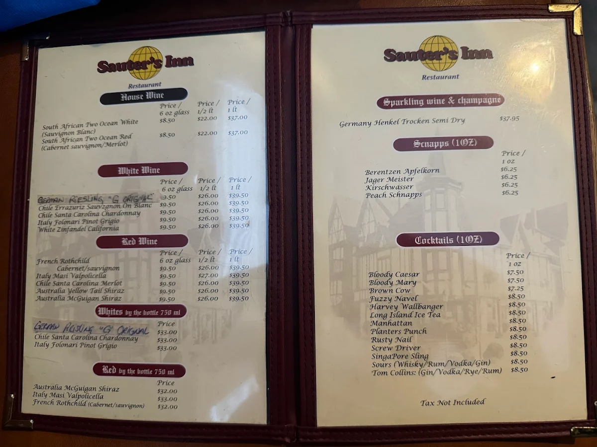 Menu, Sauter's Inn Restaurant