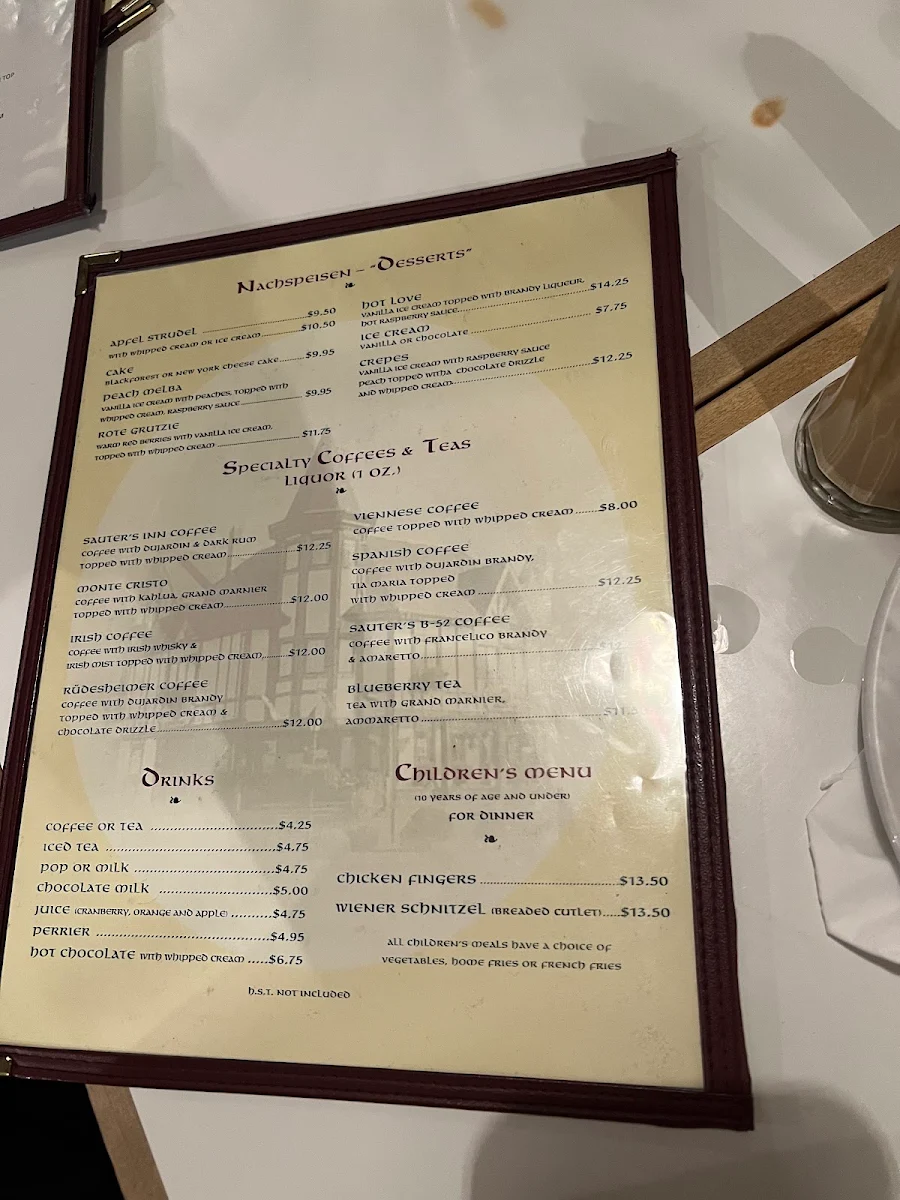 Menu, Sauter's Inn Restaurant