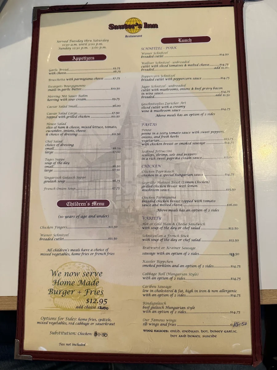 Menu, Sauter's Inn Restaurant