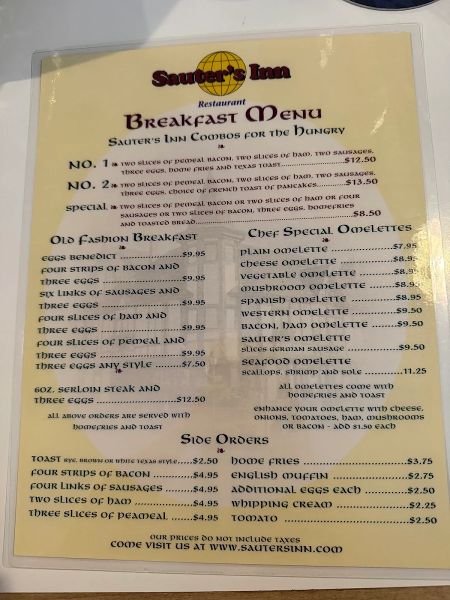 Menu, Sauter's Inn Restaurant