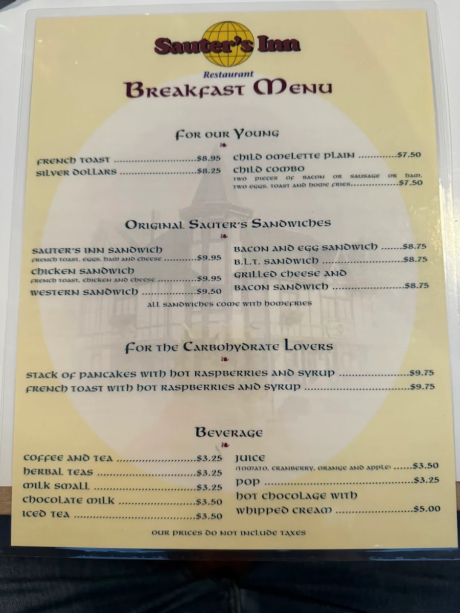 Menu, Sauter's Inn Restaurant