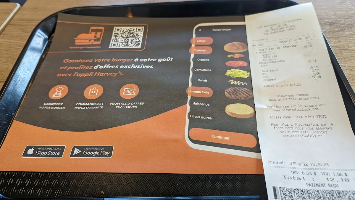 Menu, Harvey's