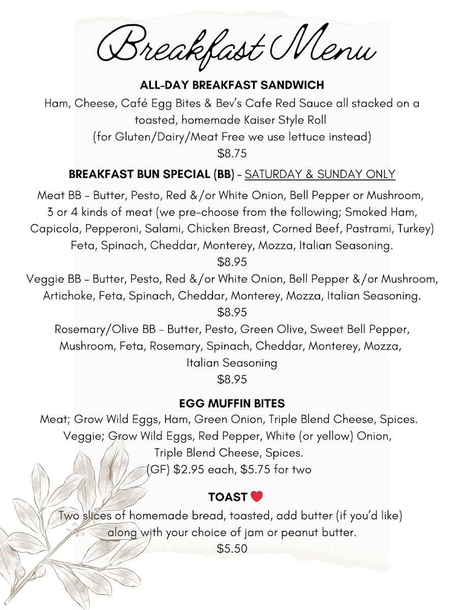 Menu, Procter Village Cafe