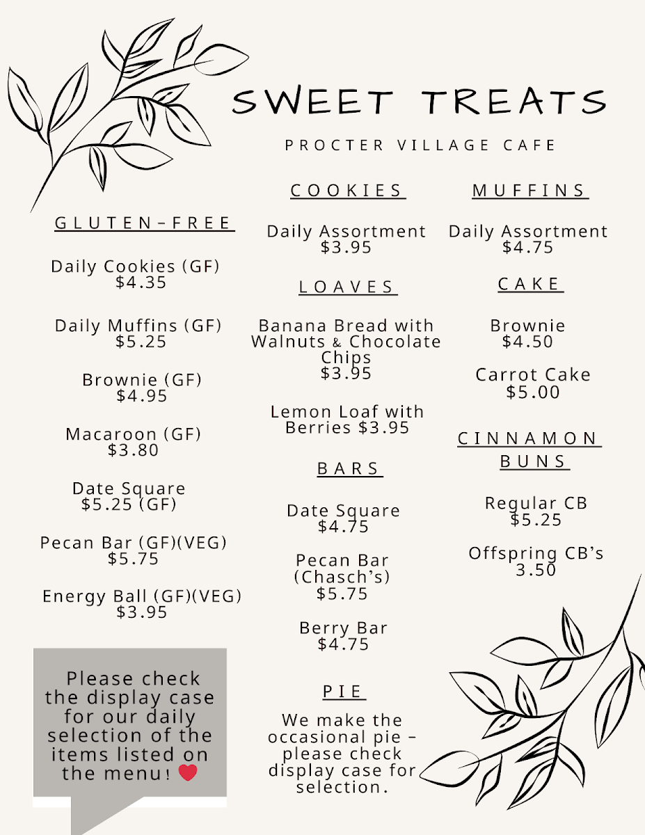 Menu, Procter Village Cafe