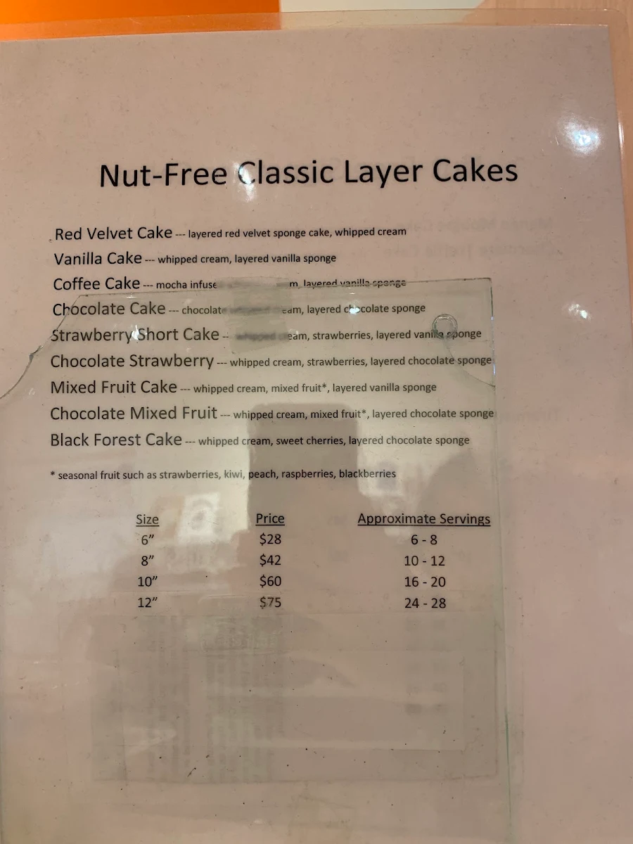 Menu, Tastee Patisserie