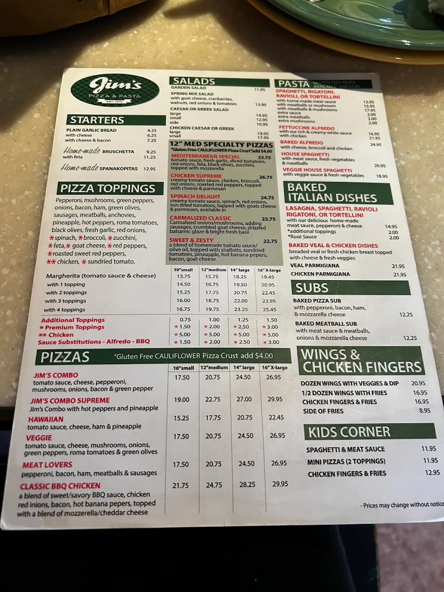 Menu, Jim's Pizza and Pasta