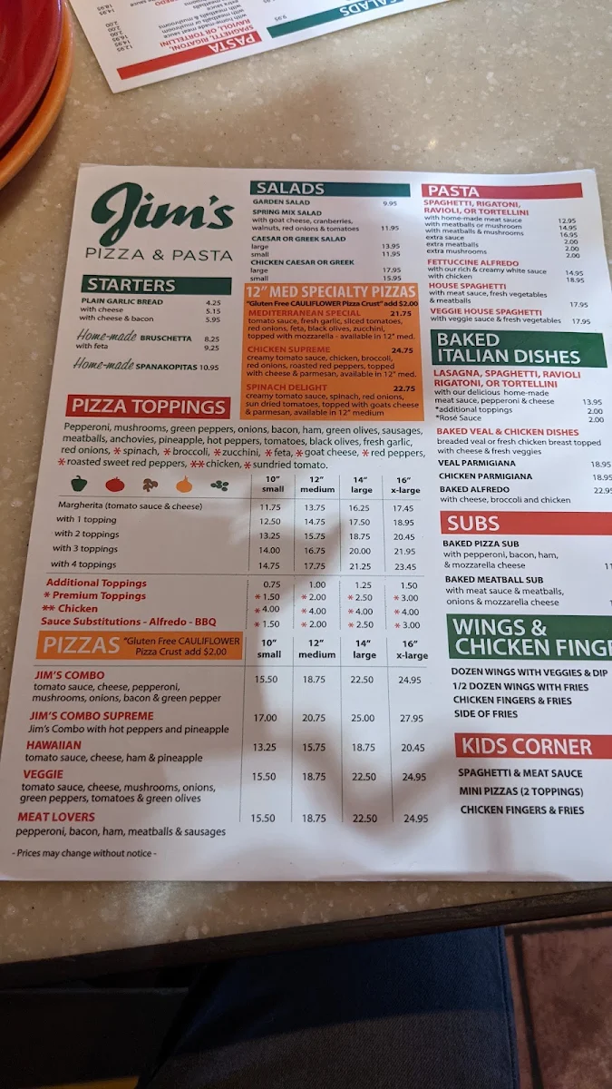 Menu, Jim's Pizza and Pasta