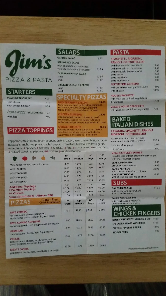 Menu, Jim's Pizza and Pasta