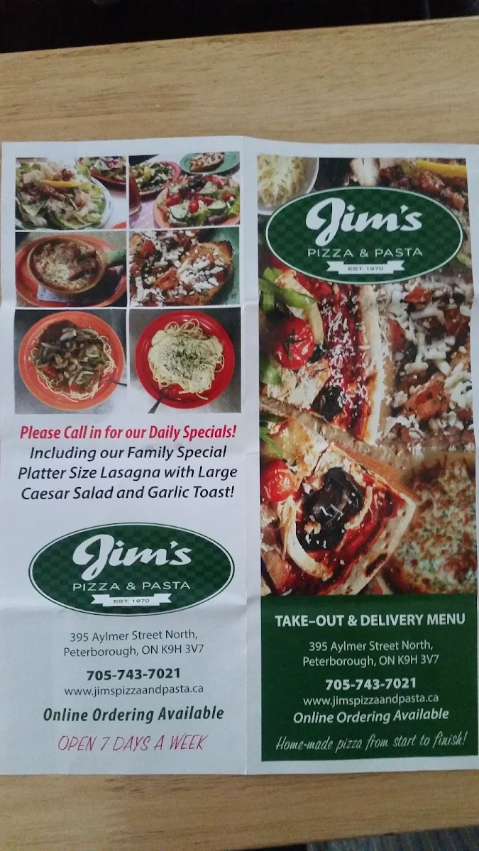 Menu, Jim's Pizza and Pasta